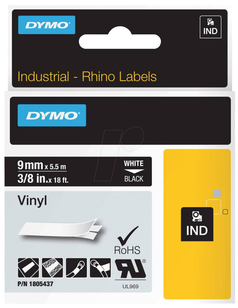 DYMO IND 1805437 - DYMO IND Band Vinyl, 9mm, weiß/schwarz von Dymo
