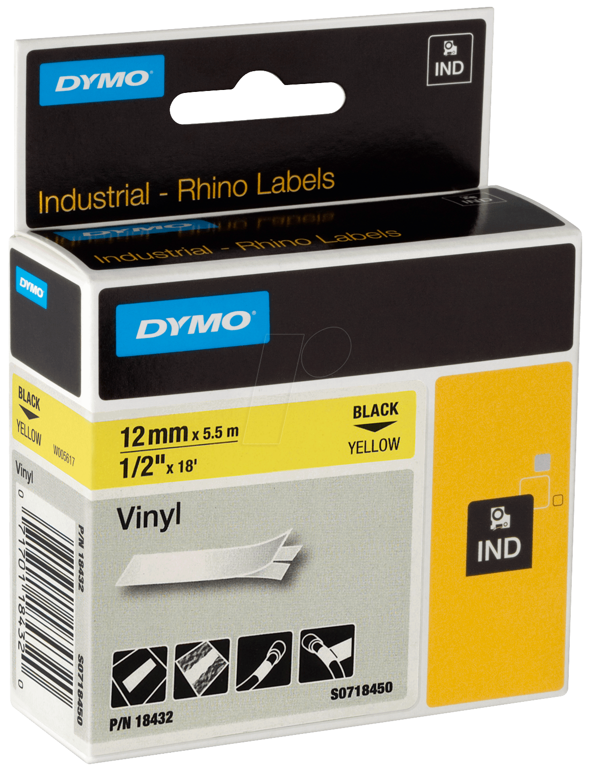 DYMO IND 18432 - DYMO IND Band Vinyl, 12mm, schwarz/gelb von Dymo