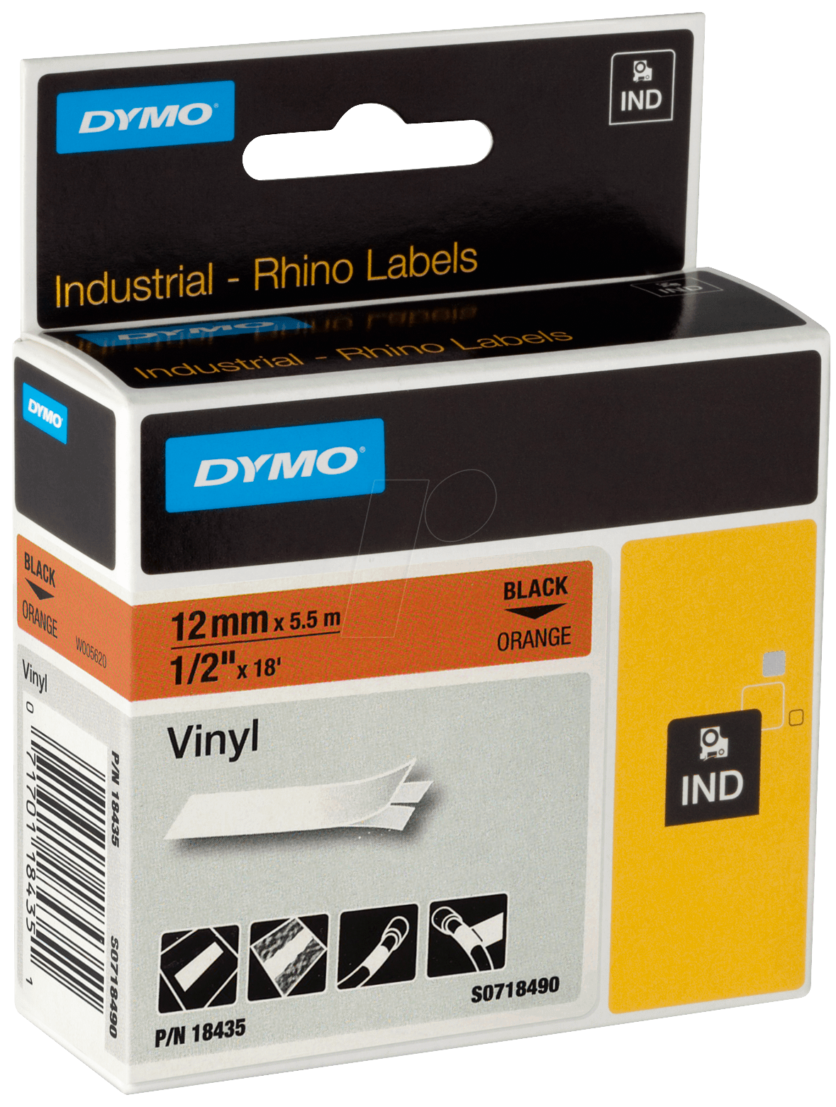 DYMO IND 18435 - DYMO IND Band Vinyl, 12mm, schwarz/orange von Dymo