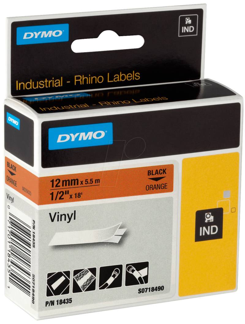 DYMO IND 18435 - DYMO IND Band Vinyl, 12mm, schwarz/orange von Dymo