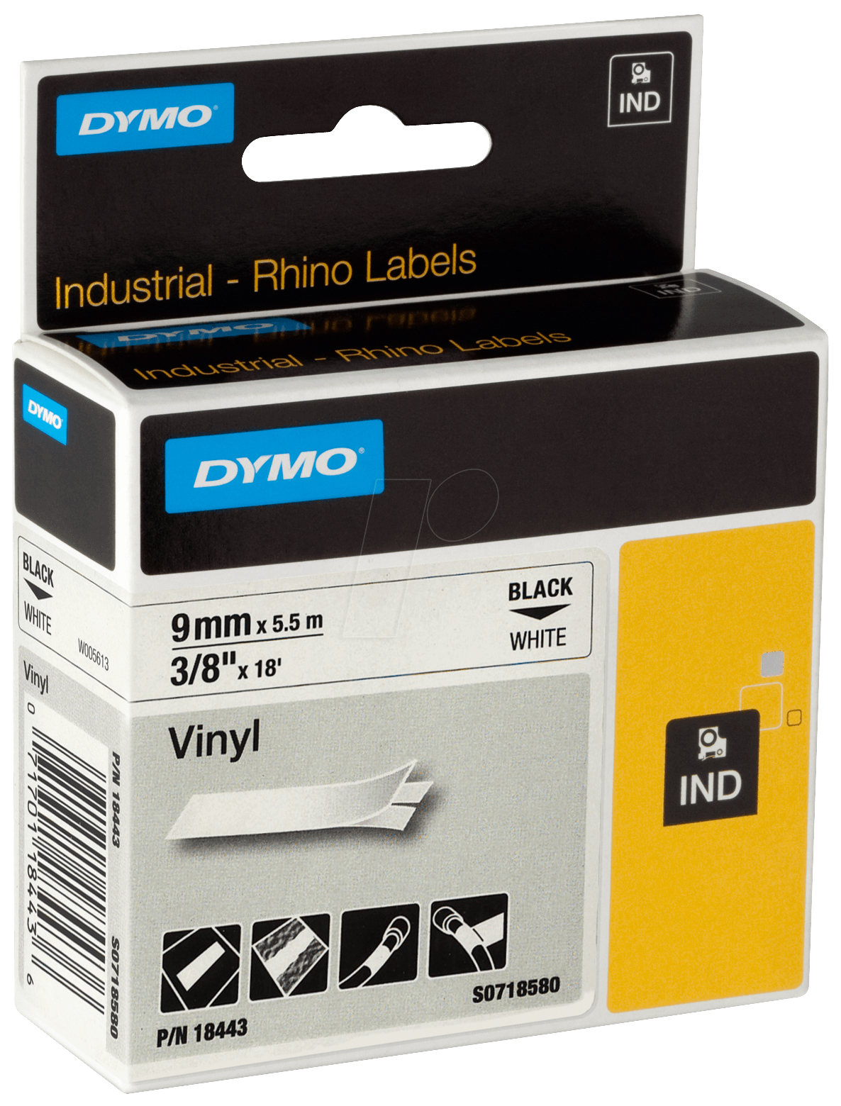 DYMO IND 18443 - DYMO IND Band Vinyl, 9mm, schwarz/weiß von Dymo