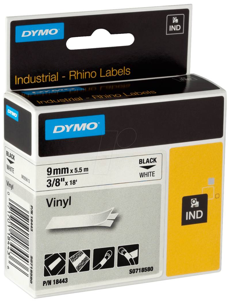 DYMO IND 18443 - DYMO IND Band Vinyl, 9mm, schwarz/weiß von Dymo
