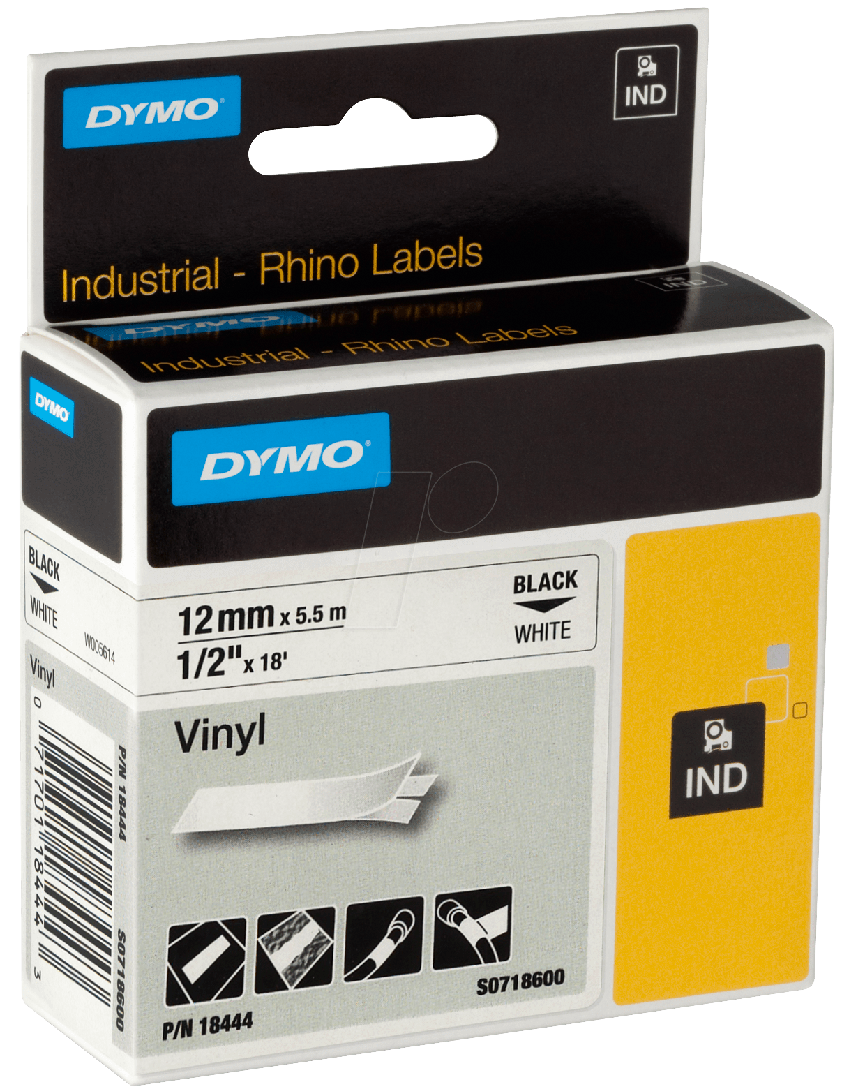 DYMO IND 18444 - DYMO IND Band Vinyl, 12mm, schwarz/weiß von Dymo