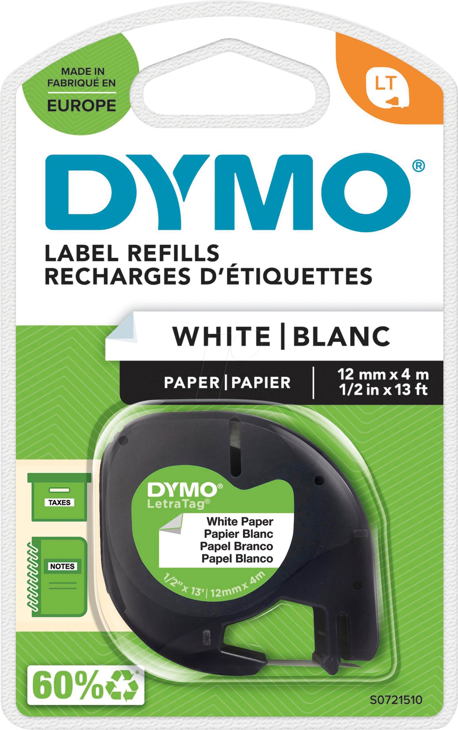 DYMO S0721510 - Beschriftungsband, Papier, schwarz/weiß, LetraTag® von Dymo