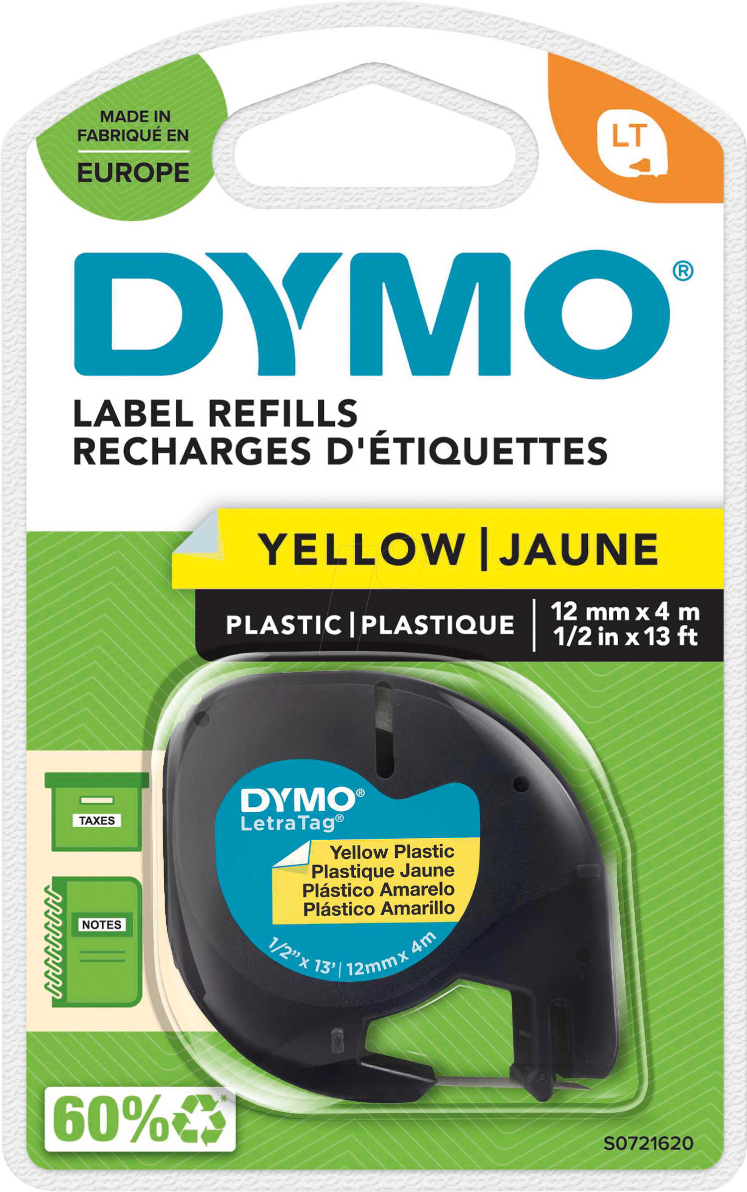 DYMO S0721620 - Beschriftungsband, Plastik, schwarz/gelb, LetraTag® von Dymo