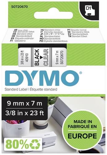 DYMO Schriftband D1 40910 Bandfarbe: Transparent Schriftfarbe:Schwarz 9mm 7m von Dymo