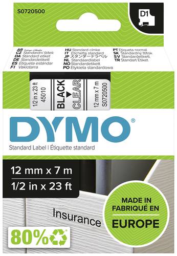 DYMO Schriftband D1 45010 Bandfarbe: Transparent Schriftfarbe:Schwarz 12mm 7m von Dymo