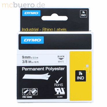 Dymo Beschriftungsband für Rhino 9mm Polyester schwarz auf weiß von Dymo