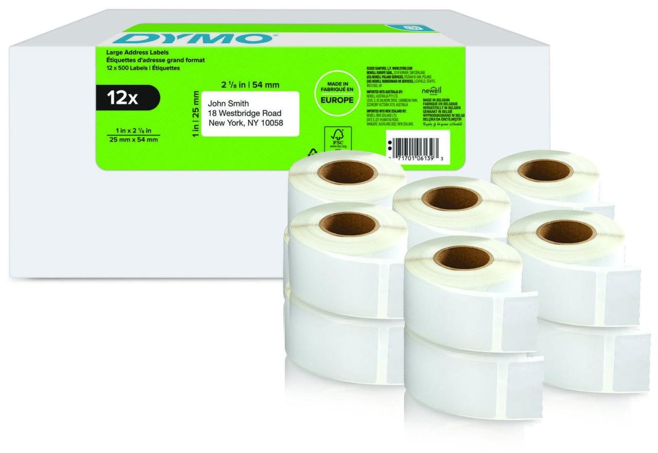 Dymo Einzel-Etiketten Dymo LW-Etiketten 12x 25x54 2177563 25 mm x 54 mm weiß von Dymo