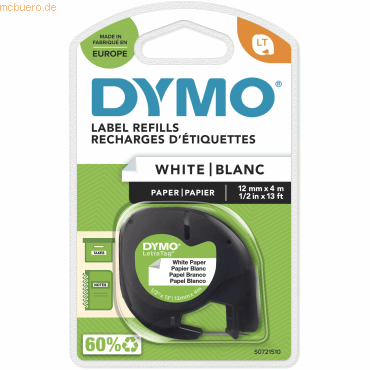 Dymo Etikettenband LetraTag 12mm x 4m Papier schwarz auf weiß von Dymo