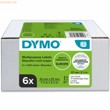 Dymo LabelWriter Mehrzwecketiketten 57x32mm weiß VE=6x1000 Etiketten Dymo LabelWriter Mehrzwecketiketten 57x32mm weiß VE=6x1000 Etiketten von Dymo