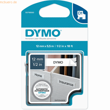 Dymo Schriftbandkassette D1 Polyester laminiert 5,5mx12mm schwarz/weiß von Dymo