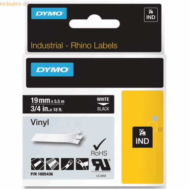 Dymo Schriftbandkassette Vinylband PVC 5,5mx19mm weiß/schwarz von Dymo