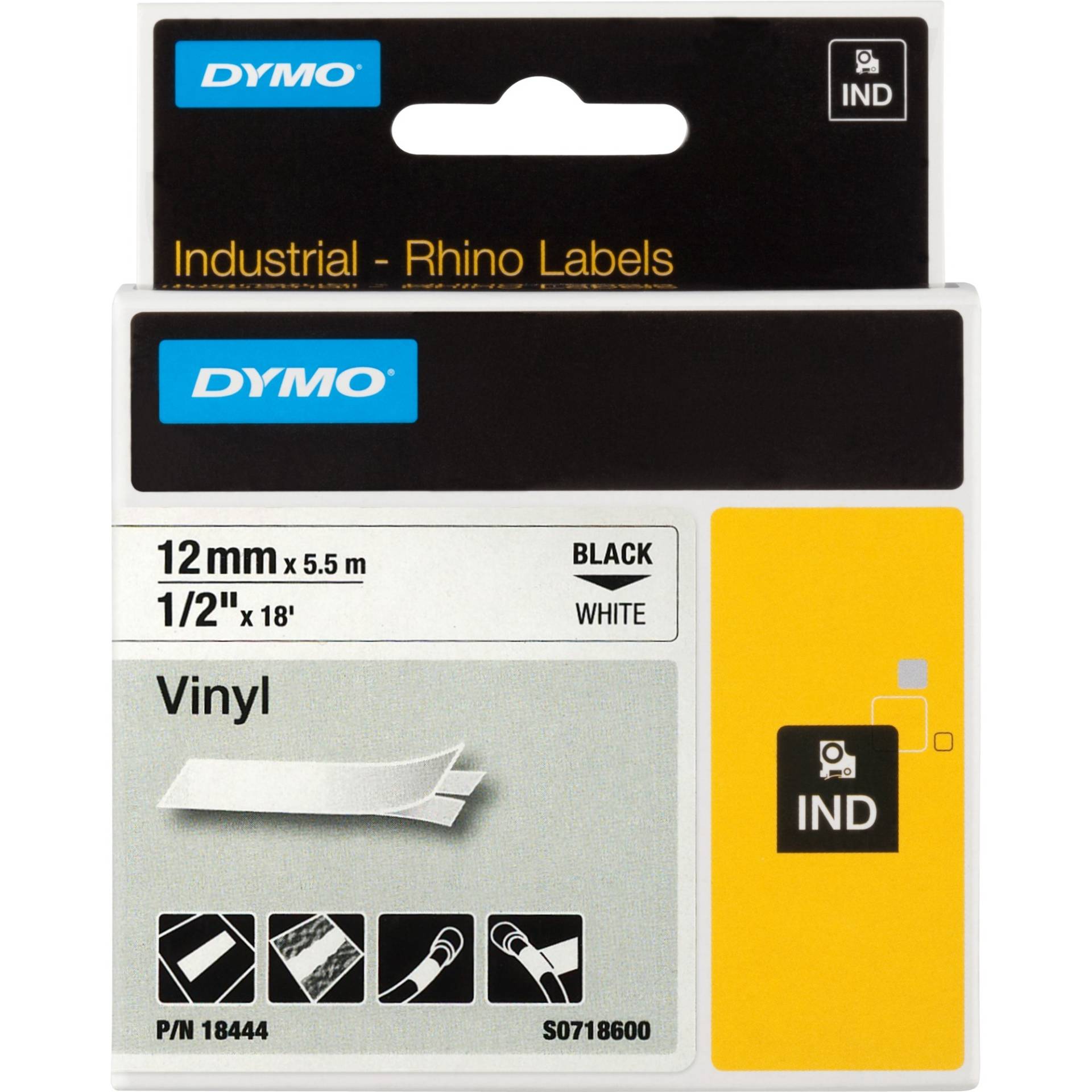 Rhino™ IND ORIGINAL Schriftband Vinyl 12mm x 5,5m, schwarz auf weiß von Dymo