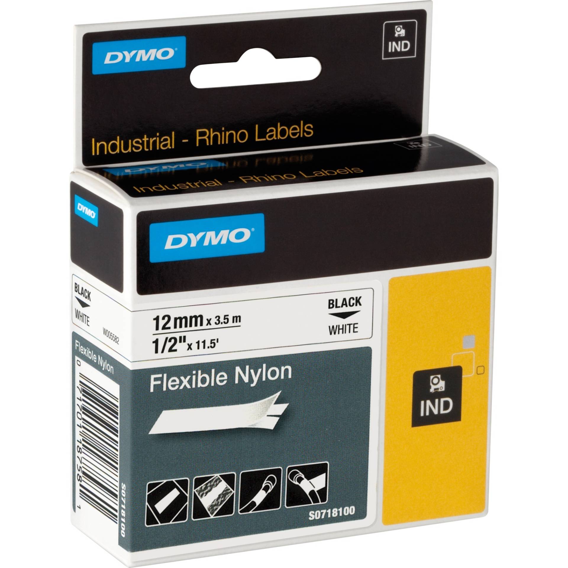 Rhino IND ORIGINAL Schriftband Flexibles Nylon 12mm x 3,5m schwarz auf weiß von Dymo