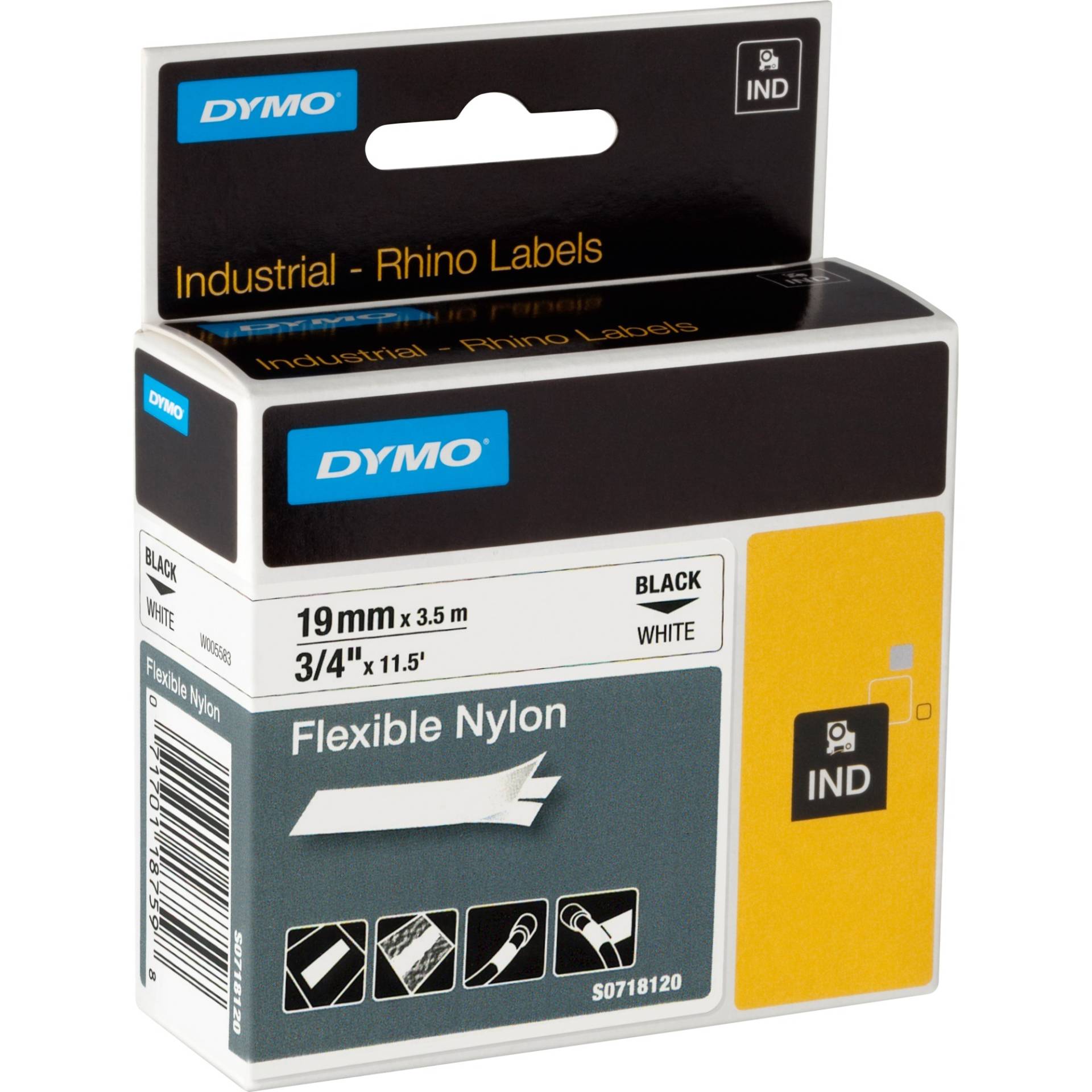 Rhino IND ORIGINAL Schriftband Flexibles Nylon 19mm x 3,5m, schwarz auf weiß von Dymo