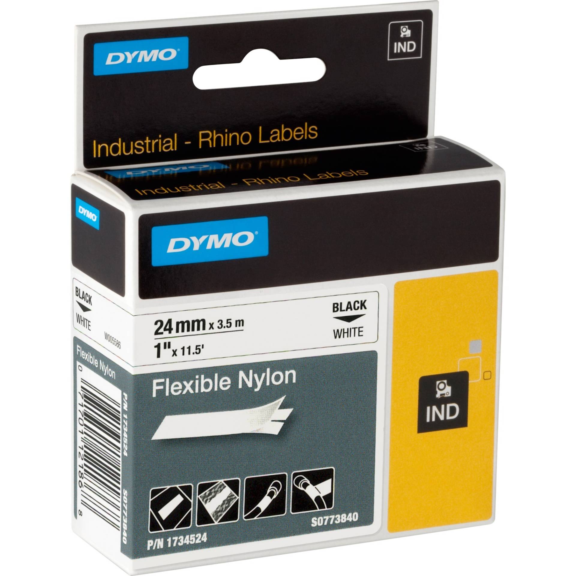 Rhino IND ORIGINAL Schriftband Flexibles Nylon 24mm x 3,5m, schwarz auf weiß von Dymo