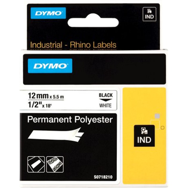 Rhino IND ORIGINAL Schriftband Polyester 12mm x 5,5m, schwarz auf weiß von Dymo