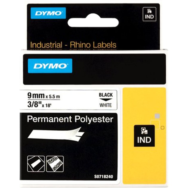 Rhino IND ORIGINAL Schriftband Polyester 9mm x 5,5m, schwarz auf weiß von Dymo