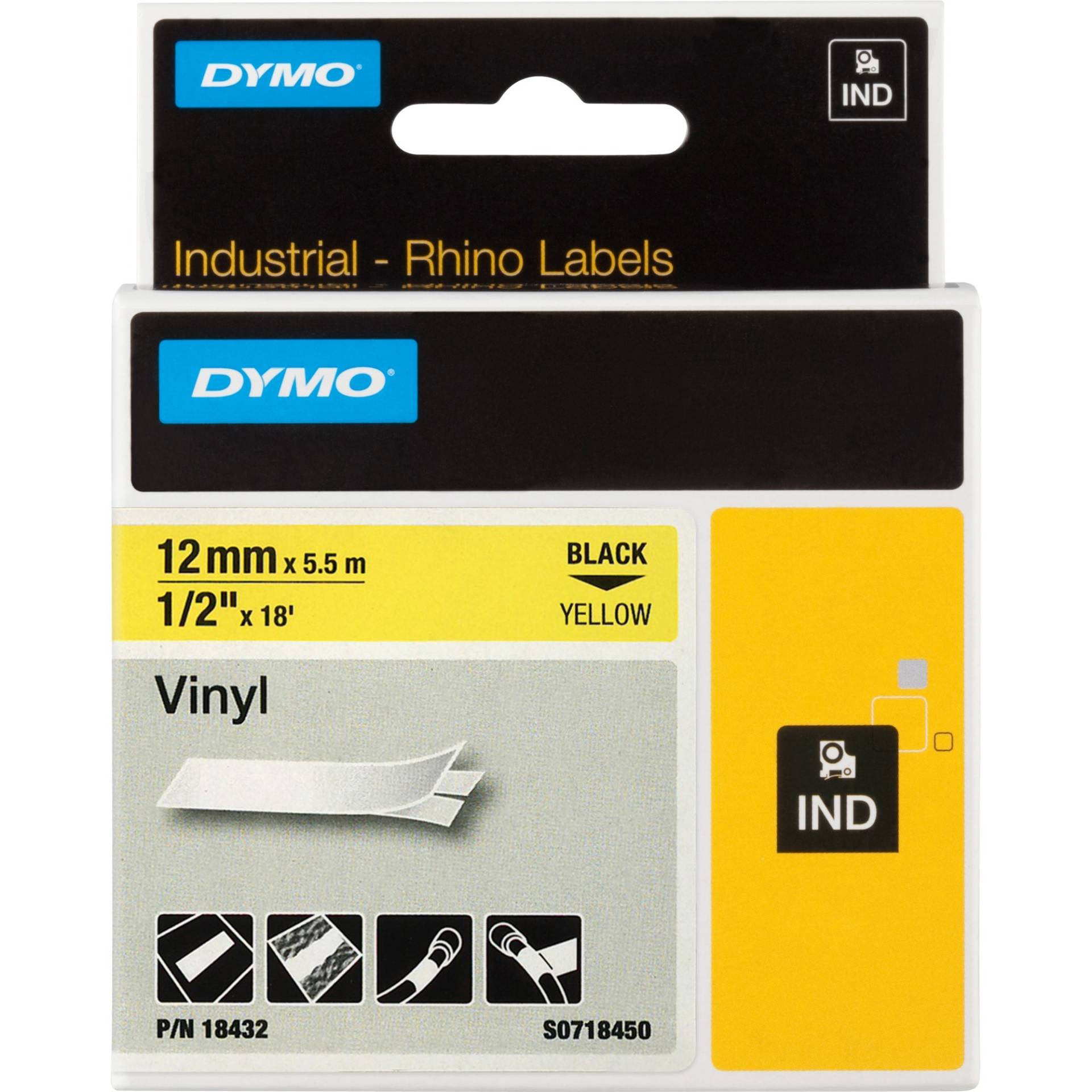 Rhino IND ORIGINAL Schriftband Vinyl 12mm x 5,5m, schwarz auf gelb von Dymo