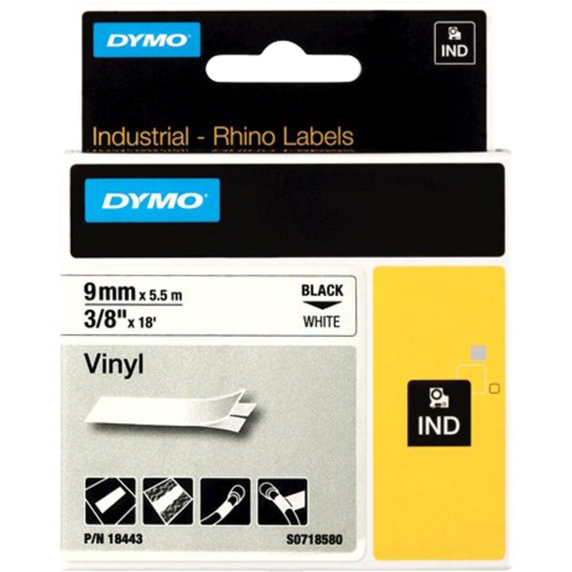 Rhino IND ORIGINAL Schriftband Vinyl 9mm x 5,5m, schwarz auf weiß von Dymo
