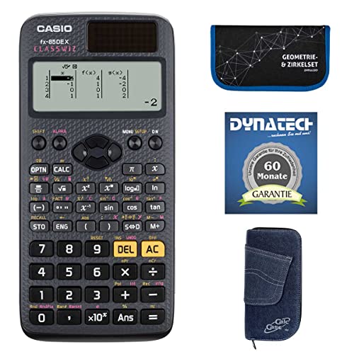 DynaTech Taschenrechner-Set Taschenrechner Casio FX-85 DE X mit Schutztasche Jeans dunkel kompatibel mit FX-85 DE X im Set mit Zirkelset in blau und Garantieverlängerung von DynaTech