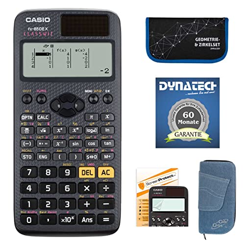 DynaTech Taschenrechner-Set Taschenrechner Casio FX-85 DE X mit Schutztasche Jeans hell kompatibel mit FX-85 DE X im Set mit Zirkelset, Displayschutzfolie und Garantie von DynaTech