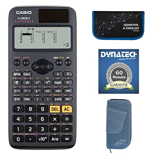 DynaTech Taschenrechner-Set Taschenrechner Casio FX-85 DE X mit Schutztasche Jeans hell kompatibel mit FX-85 DE X im Set mit Zirkelset in blau und Garantieverlängerung von DynaTech