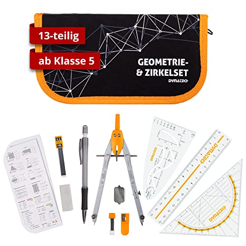 DynaTech Zirkel Set Geometrieset 13-Teilig mit Schnellverstellzirkel, Geodreieck, Parabel, Bleistift, Lineal, Spitzer und Ersatzminen im Etui orange - praktisches Mathematik-Set inkl. Federmappe von DynaTech