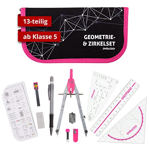 DynaTech Zirkel Set Geometrieset 13-Teilig mit Schnellverstellzirkel, Geodreieck, Parabel, Bleistift, Lineal, Spitzer und Ersatzminen im Etui pink - praktisches Mathematik-Set inkl. Federmappe von DynaTech