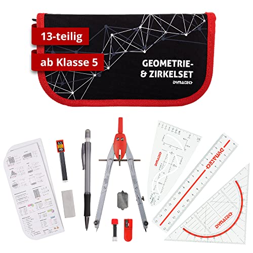 DynaTech Zirkel Set Geometrieset 13-Teilig mit Schnellverstellzirkel, Geodreieck, Parabel, Bleistift, Lineal, Spitzer und Ersatzminen im Etui rot - praktisches Mathematik-Set inkl. Federmappe von DynaTech