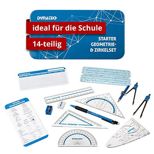 DynaTech Zirkel Set Geometrieset 14-Teilig - Starterset für die Grundschule - mit Zirkel, Geodreieck, Parabel, Bleistift, Lineal, Spitzer und Stundenplan in robuster Metallbox von DynaTech