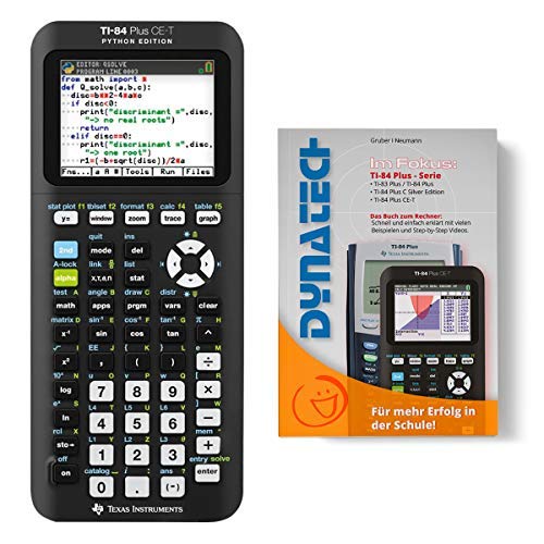 Texas Instruments Taschenrechner TI-84 Plus CE-T Grafikrechner + Arbeitsbuch - wissenschaftlicher Schulrechner programmierbar Tasten elektronisches Farbdisplay Akku Funktion für Schule Python Edition von DynaTech