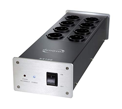 Dynavox HiFi-Netzfilter X4100S, Mehrfach-Steckdose mit 8 Steckplätzen, mit LED-Kontrollleuchte für korrekte Phasenlage, Silber von Dynavox