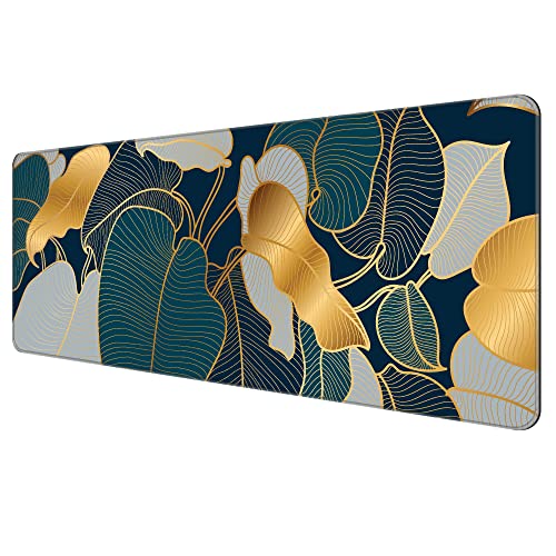 Dynippy Dünnes erweitertes Gaming-Mauspad (80x30x0.2 cm) mit genähten Kanten, großes Mauspad, lange XXL-Tastatur und Mauspad, Büro und Zuhause, goldene tropische Blätter von Dynippy