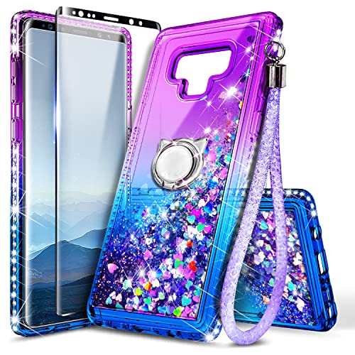 E-Began Samsung Galaxy Note 9 mit Displayschutzfolie (Soft 3D Curved), Glitzer, fließender Wasserfall, flüssiger Treibsand mit Bling Diamant, langlebig, für Mädchen und Frauen, niedlich, lila/blau von E-Began