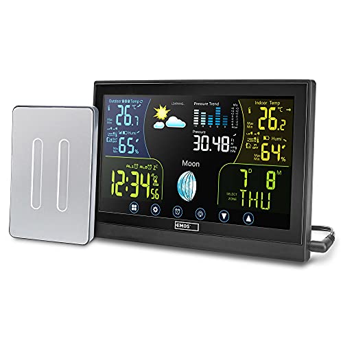Emos Wetterstation Funk mit Außensensor, Touchscreen und Farbdisplay, DCF Empfangssignal Funkuhr - Innen- und Außentemperatur, Barometer, Wettervorhersage Emos Wetterstation Funk mit Außensensor, Touchscreen und Farbdisplay, DCF Empfangssignal Funkuhr - Innen- und Außentemperatur, Barometer, Wettervorhersage von EMOS