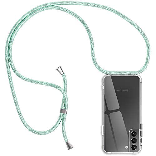 E-Lush EU Handykette Hülle Kompatibel mit Samsung Galaxy S21 FE 5G, Transparent Silikon Handyhülle Band für 5G Schutzhülle Kordel, E-Lush Cover zum Umhängen Necklace Halskette Hellgrün von E-Lush EU