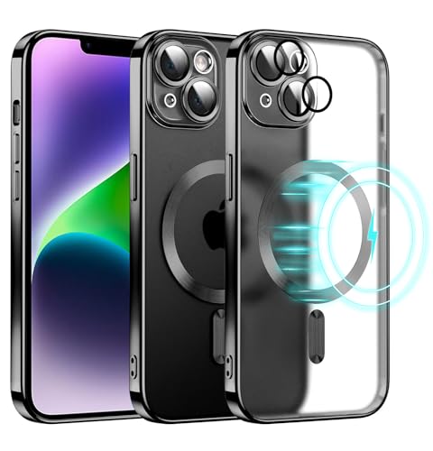 E-Lush Clear Magnetisch für iPhone 14 Hülle mit Magsafe, Transparent Handyhülle für iPhone 14 Schutzhülle Ultra Dünn Weiche Silikon Hülle Kameraschutz Stoßfest Case, Schwarz von E-Lush