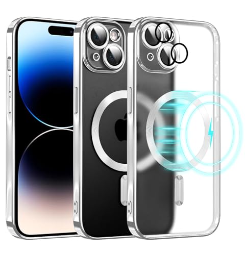 E-Lush Clear Magnetisch für iPhone 15 Hülle mit Magsafe, Transparent Handyhülle für iPhone 15 Schutzhülle Ultra Dünn Weiche Silikon Hülle Kameraschutz Stoßfest Case, Silber von E-Lush