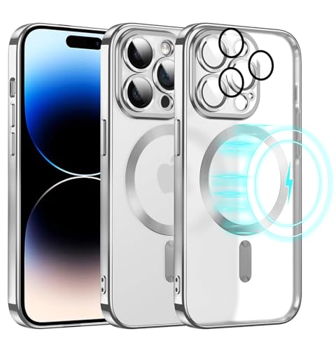 E-Lush Clear Magnetisch für iPhone 15 Pro Hülle mit Magsafe, Transparent Handyhülle für iPhone 15 Pro Schutzhülle Ultra Dünn Weiche Silikon Hülle Kameraschutz Stoßfest Case, Silber von E-Lush