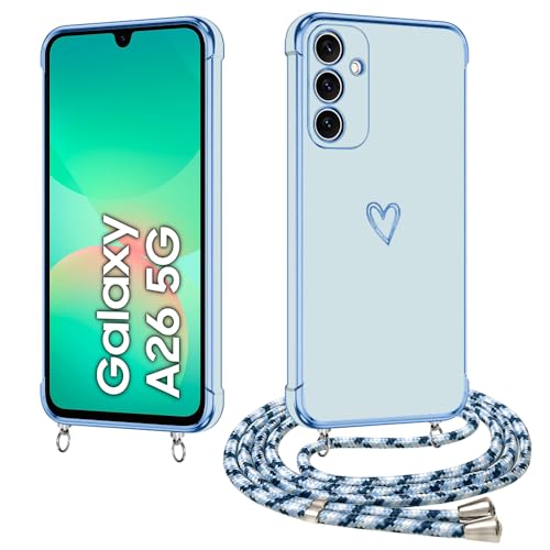 E-Lush Handyhülle Samsung Galaxy A26 Hülle mit Band, Herz Love Muster Galvanik Silikon Handykette Samsung A26 Schutzhülle mit Kordel zum Umhängen Kameraschutz Stoßfeste Case, Blau E-Lush Handyhülle Samsung Galaxy A26 Hülle mit Band, Herz Love Muster Galvanik Silikon Handykette Samsung A26 Schutzhülle mit Kordel zum Umhängen Kameraschutz Stoßfeste Case, Blau von E-Lush