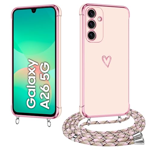 E-Lush Handyhülle Samsung Galaxy A26 Hülle mit Band, Herz Love Muster Galvanik Silikon Handykette Samsung A26 Schutzhülle mit Kordel zum Umhängen Kameraschutz Stoßfeste Case, Roségold E-Lush Handyhülle Samsung Galaxy A26 Hülle mit Band, Herz Love Muster Galvanik Silikon Handykette Samsung A26 Schutzhülle mit Kordel zum Umhängen Kameraschutz Stoßfeste Case, Roségold von E-Lush