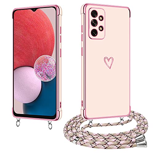 E-Lush Handyhülle für Samsung Galaxy A13 4G Hülle mit Band, Handykette Hülle für Samsung A13 4G Schutzhülle mit Kordel zum Umhängen Herz Love Muster Galvanik Silikon Hülle Kameraschutz Case, Roségold von E-Lush