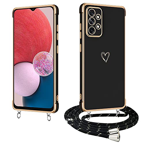 E-Lush Handyhülle für Samsung Galaxy A13 4G Hülle mit Band, Herz Love Muster Galvanik Silikon Handykette für Samsung A13 4G Schutzhülle mit Kordel zum Umhängen Kameraschutz Stoßfeste Case, Schwarz von E-Lush