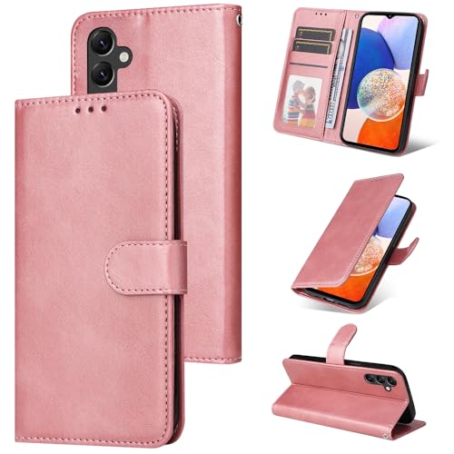 E-Lush Handyhülle für Samsung Galaxy A14 Hülle Leder PU, Magnet Klapphülle für Samsung Galaxy A14 5G / 4G Hülle Flip Wallet Kartenfach 360 Stoßfeste Schutzhülle für Samsung A14 Hülle Ständer, Roségold von E-Lush