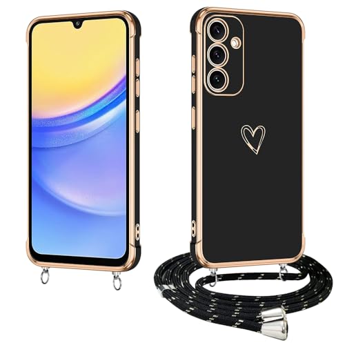 E-Lush Handyhülle für Samsung Galaxy A15 5G Hülle mit Band, Herz Love Muster Galvanik Silikon Handykette für Samsung A15 Schutzhülle mit Kordel zum Umhängen Kameraschutz Stoßfeste Case Schwarz von E-Lush