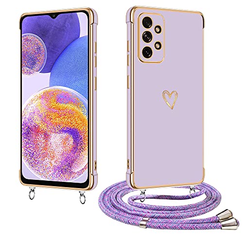 E-Lush Handyhülle für Samsung Galaxy A23 5G / 4G Hülle mit Band, Herz Love Muster Galvanik Silikon Handykette für Samsung A23 5G Schutzhülle mit Kordel zum Umhängen Kameraschutz Stoßfeste Case, Lila von E-Lush