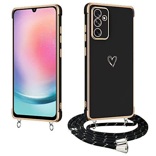 E-Lush Handyhülle für Samsung Galaxy A24 4G Hülle mit Band, Herz Love Muster Galvanik Silikon Handykette für Samsung A24 4G Schutzhülle mit Kordel zum Umhängen Kameraschutz Stoßfeste Case, Schwarz von E-Lush