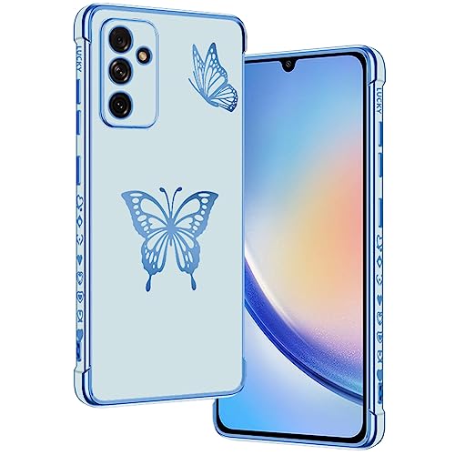 E-Lush Handyhülle für Samsung Galaxy A34 5G Hülle Schmetterling Muster Mädchen Galvanisierte Schutzhülle für Samsung A34 5G Hülle Dünn Weich TPU Silikon Stoßfeste Case mit Kameraschutz, Blau von E-Lush